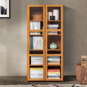 Magshion Bamboo 5-Tier Shelf Living Room Storage Tall Bookcase Cabinet with Clear Doors, Brown 23.5" L x 11.9" W x 50" H Home Office Multipurpose Tower Media Organizer Bookshelf