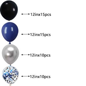 We Moment 12 Inch Black Balloons Navy Blue Balloons 12 Inch Chrome Metallic Silvery Balloon with Confetti Balloons，50pcs，for Baby Shower Boys' Birthday Graduate Black Blue Party Decoration