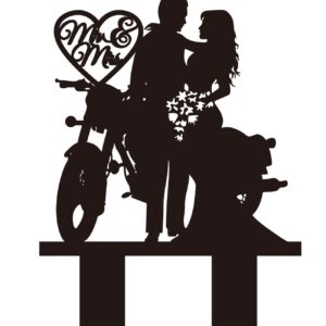 Motorcycle Wedding Cake Topper,Funny Mr & Mrs, Bride and Groom Wedding Party Decoration —Black