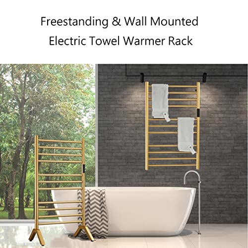 DUDYP Heated Towel Rack Gold Freestanding & Wall Mounted Electric Towel Warmer Drying Rack for Bathroom, Built-in Timer and LED Indicator, 11 Bar Plug-in 304 Stainless Steel Heated Towel Rail