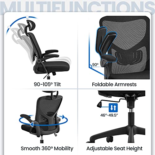 Topeakmart Mesh Office Chair Computer Desk Chair with Folding Padded Armrests and High Back Adjustable Headrest Ergonomic Task Chair with Movable Lumbar Support for Work Home and Study, Black