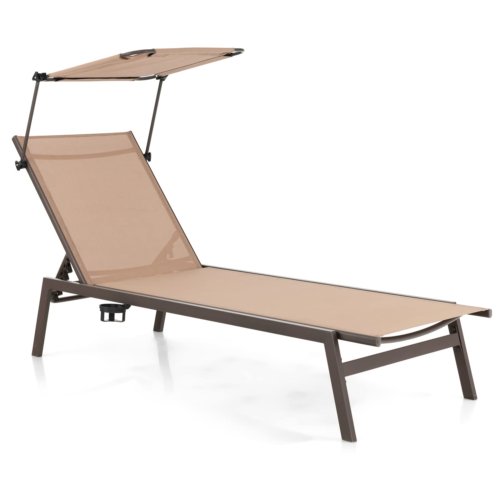 Giantex Outdoor Chaise Lounge Chair- Tanning Chair with Sunshade, 6 Adjustable Position, Sturdy Metal Frame, Cup Holder, Outside Lounger for Poolside, Backyard Sunbathing Chair (1, Brown)