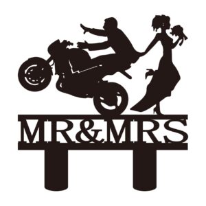 Motorcycle Wedding Cake Topper,Funny Mr & Mrs, Bride and Groom Wedding Party Decoration — Black（2）