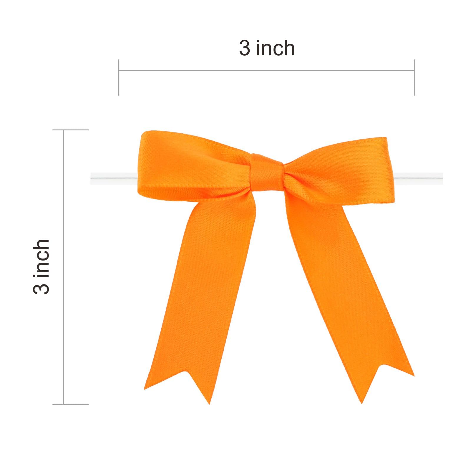 Meseey 50 Pcs 3 Inches Twist Tie Satin Ribbon Bows Orange Pretied Premade Craft Bows for Treat Bags Gift Wrapping Basket Wedding Baby Shower Brithday Christmas Party (3", Orange)