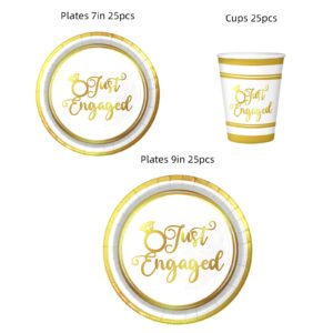 Engagement Party Decorations Set Serve 25,Just Engaged Plates and Cups Decorations,We’re Engaged Decorations,Happy Engagement Party Decorations,DZ Bridal Shower Wedding Party Decorations(Gold Foil)