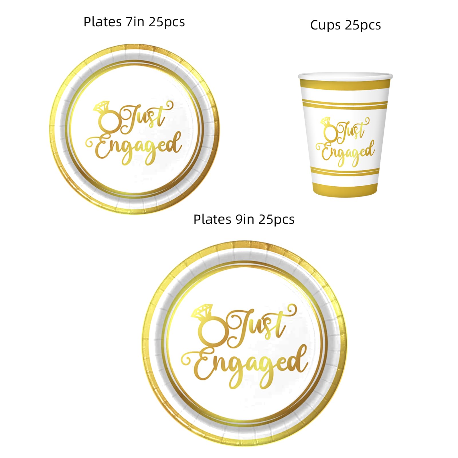 Engagement Party Decorations Set Serve 25,Just Engaged Plates and Cups Decorations,We’re Engaged Decorations,Happy Engagement Party Decorations,DZ Bridal Shower Wedding Party Decorations(Gold Foil)