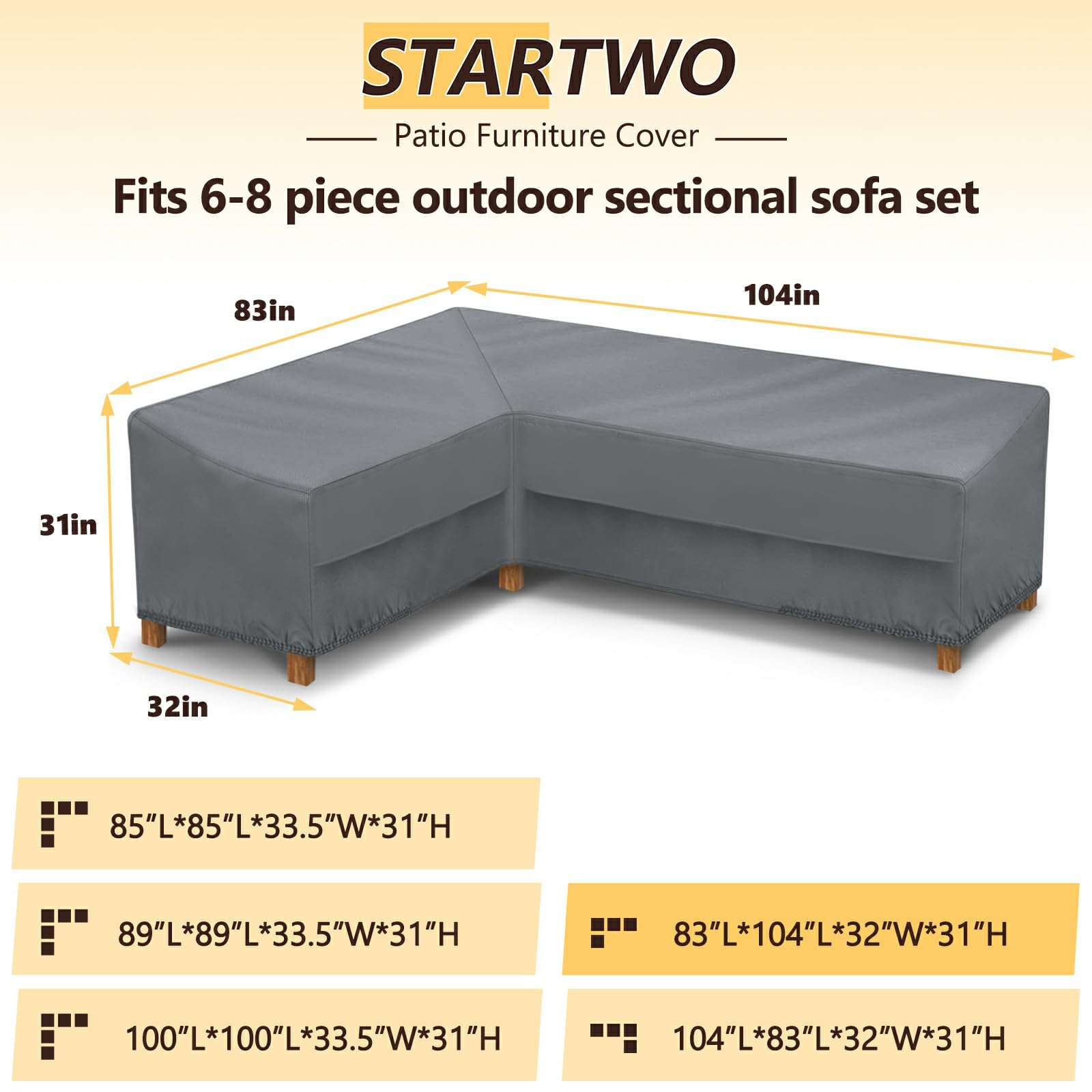 STARTWO Outdoor Sectional Sofa Cover Waterproof 83"x104" L-Shaped Patio Furniture Covers for Deck, Lawn and Backyard, Heavy Duty Outdoor Couch Cover, Left Facing, Gray