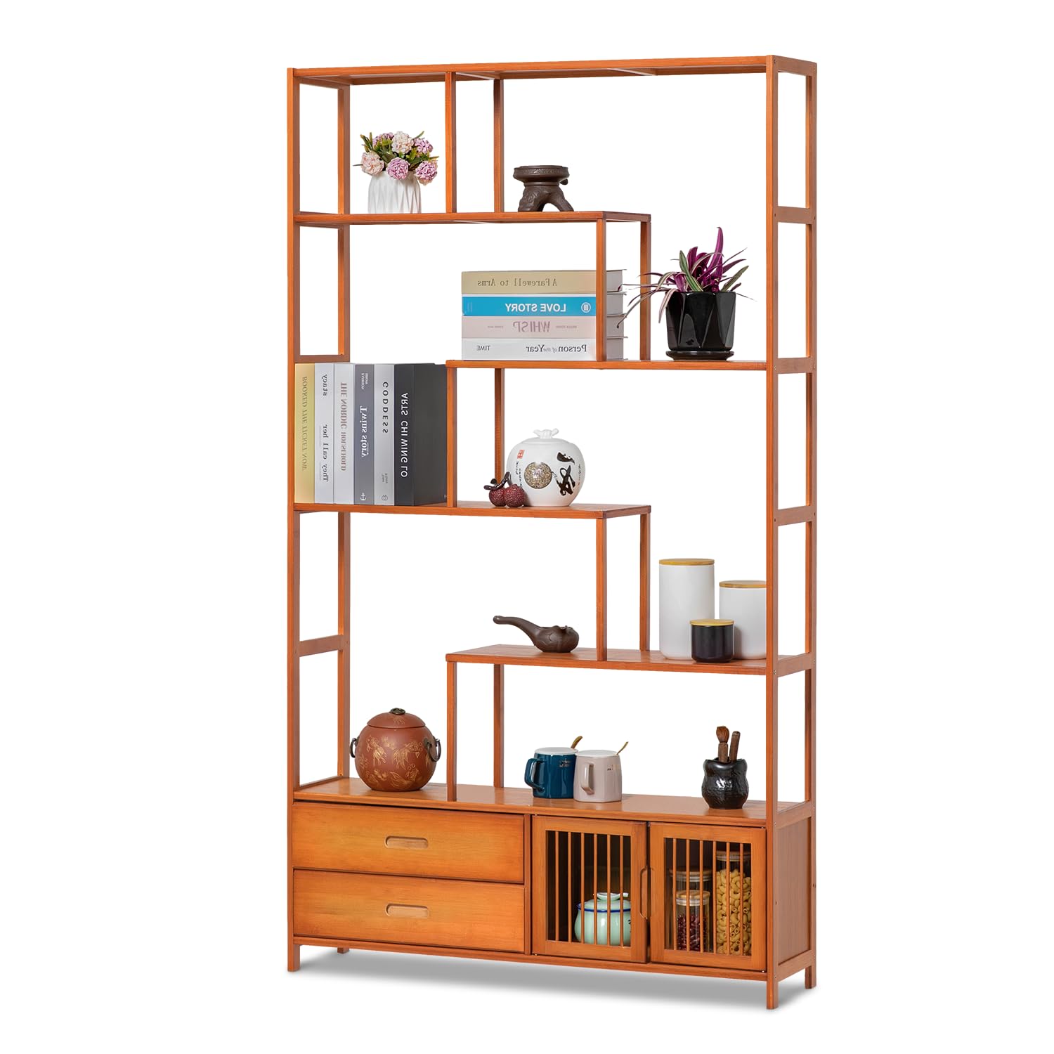 Magshion Staggered 5-Tier Bookshelf with Drawer and Cabinet, Bamboo 39" L x 9.8" W x 68.9" H Tall Chinese Vintage Display Etagere Freestanding Shelves for Bedroom, Living Room, Home Office