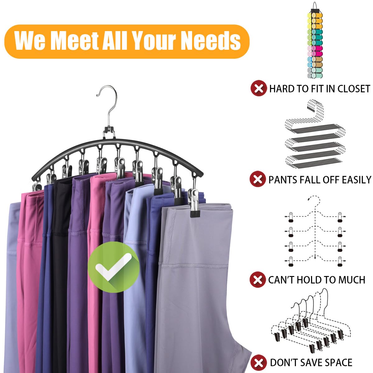 Upgrade Legging Organizer for Closet, 2 Pack Swivelable Metal Pants Hangers with 20 Pcs Rubber Coated, Yoga Pants Hangers Space Saving Closet Organizer for Closet Organizers and Storage