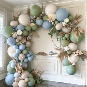 Dusty Blue Green Balloon Garland Double Stuffed Avocado Green Balloons Thick Latex White Sand Balloon Arch Kit Pastel Blue Balloons Kit For Jungle Safari Neutral Birthday Baby Shower Party Deocrations