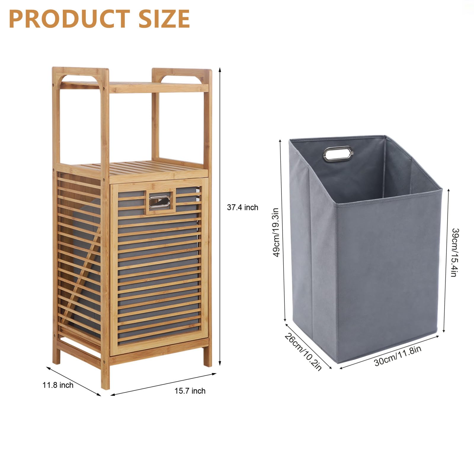 Bamboo Laundry Hamper Tilt-Out Laundry Hamper Freestanding Clothes Basket W/ 2 Tier Storage Shelves & Removable Liner Wood Clothes Sorter for Bathroom(15.7"*11.8"*37.4")