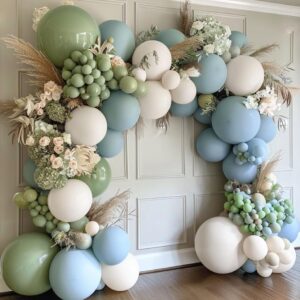 Dusty Blue Green Balloon Garland Double Stuffed Avocado Green Balloons Thick Latex White Sand Balloon Arch Kit Pastel Blue Balloons Kit For Jungle Safari Neutral Birthday Baby Shower Party Deocrations