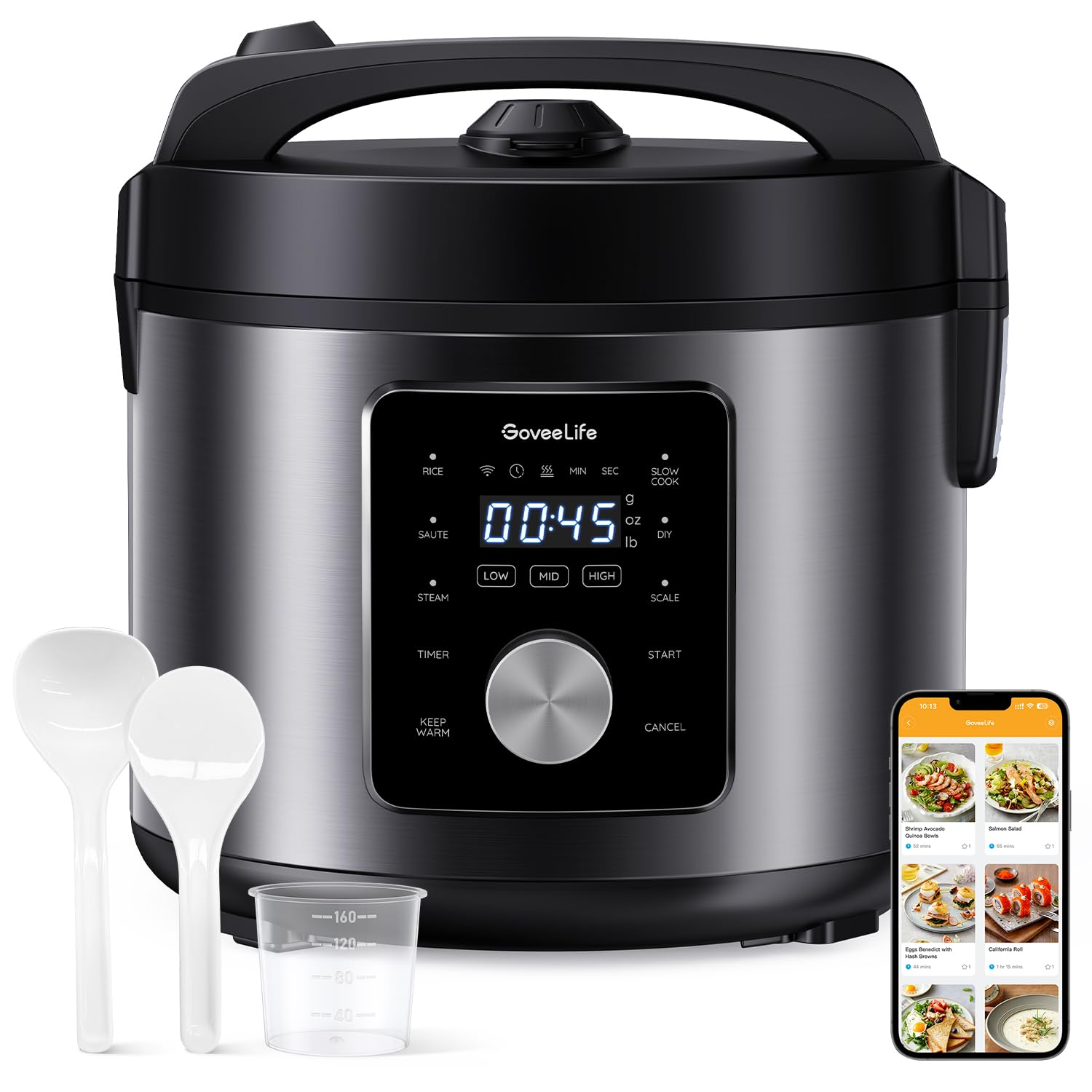 GoveeLife Smart Rice Cooker, 6-in-1 Multi-Cooker, Slow Cooker, Yogurt Maker, Saute Pan, Steamer, Food Warmer, 1000W, 10-Cup Uncooked 5.2 Quart, Includes App with 33 Recipes