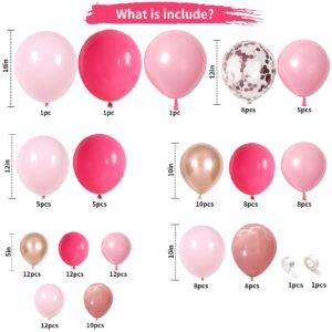 128 Pcs Pink Balloon Arch Kit, Rose Gold Hot Pink Balloons Garland Kit, Confetti Metallic Chrome Balloons Different Sizes Bridal Shower Wedding Princess Girls Birthday Party Gender Reveal Decorations