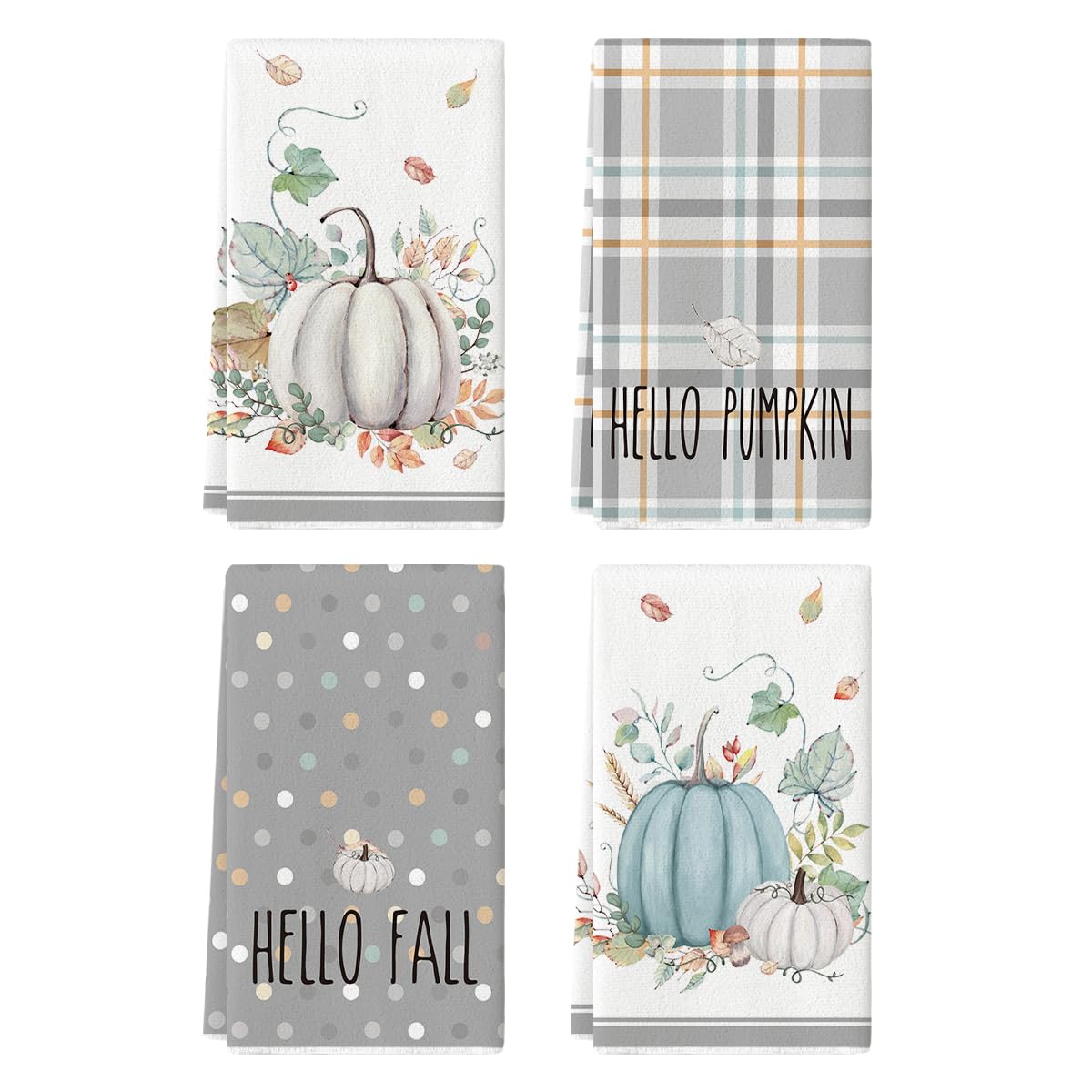 Artoid Mode Blue Watercolor Stripes Hello Pumpkin Fall Kitchen Towels Dish Towels, 18x26 Inch Seasonal Leaves Decoration Hand Towels Set of 4