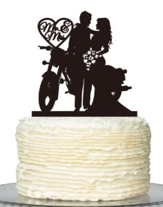 motorcycle wedding cake topper,funny mr & mrs, bride and groom wedding party decoration —black