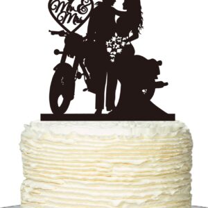 Motorcycle Wedding Cake Topper,Funny Mr & Mrs, Bride and Groom Wedding Party Decoration —Black