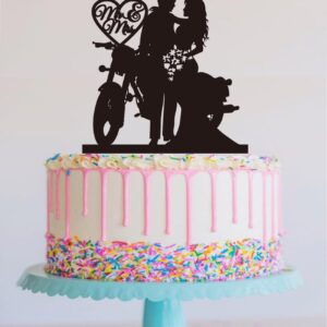 Motorcycle Wedding Cake Topper,Funny Mr & Mrs, Bride and Groom Wedding Party Decoration —Black