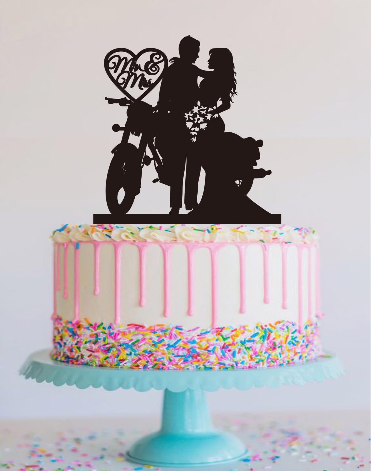 Motorcycle Wedding Cake Topper,Funny Mr & Mrs, Bride and Groom Wedding Party Decoration —Black