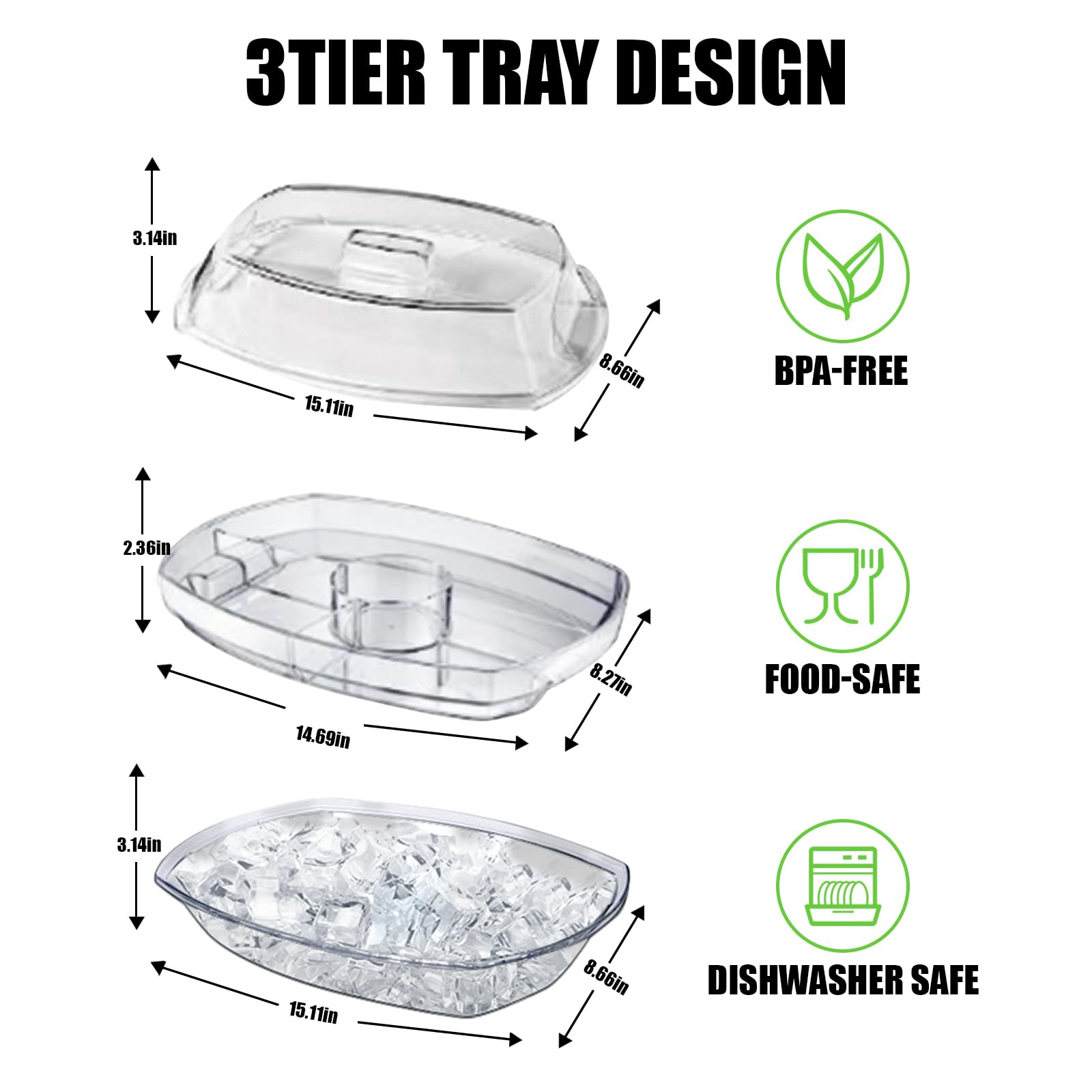 Serving Tray on Ice,Chilled Serving Tray,Serving Trays That Keep Food Cold,Kitchen Chilled Food Bowl with Compartment and Lids for Shrimp, Fruits, Vegetables, Salads