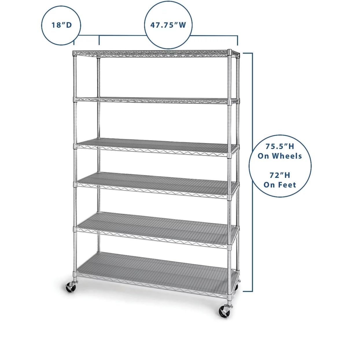 Member's Mark 6-Tier NSF Heavy Duty Wire Shelving, 47.75" W x 18" D x 75.5" H