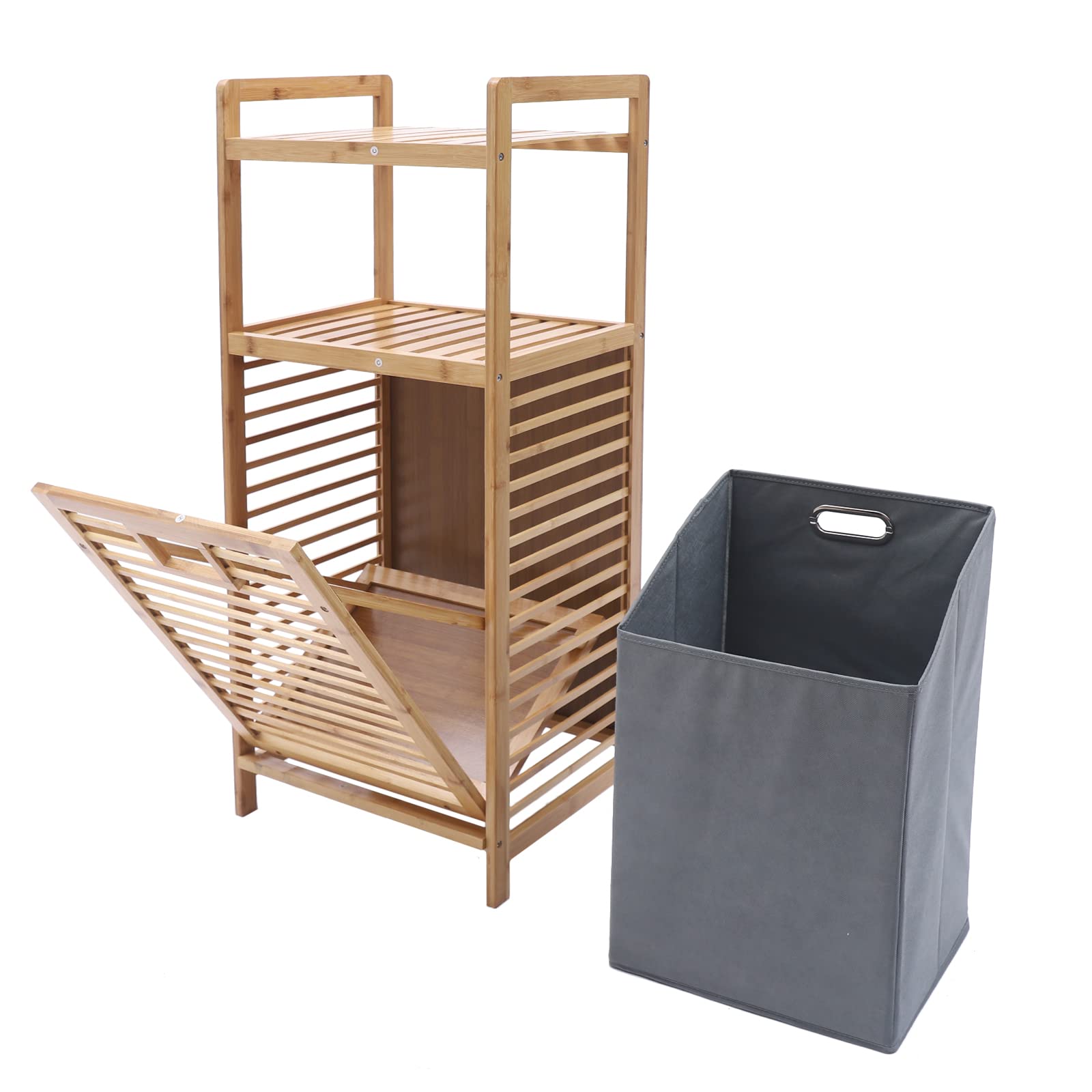 Bamboo Laundry Hamper Tilt-Out Laundry Hamper Freestanding Clothes Basket W/ 2 Tier Storage Shelves & Removable Liner Wood Clothes Sorter for Bathroom(15.7"*11.8"*37.4")