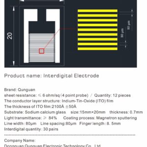 Qunguan IDE（Interdigital Electrode) on ito Glass 80μm Indium-Tin-Oxide Film Superpolar Conductivity Transparent Biosensor Medical Chemical Optical Sensor Chip (15mm×20mm, 12 pcs)