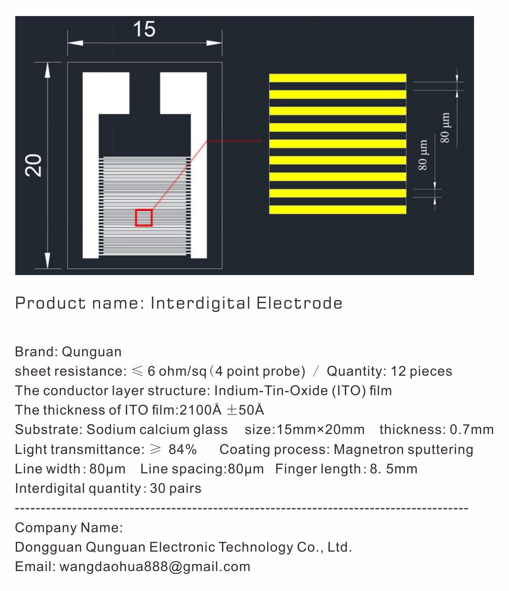 Qunguan IDE（Interdigital Electrode) on ito Glass 80μm Indium-Tin-Oxide Film Superpolar Conductivity Transparent Biosensor Medical Chemical Optical Sensor Chip (15mm×20mm, 12 pcs)