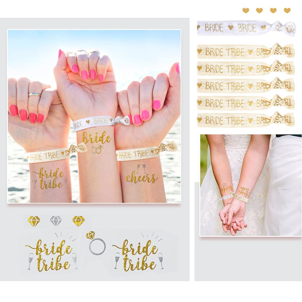 MOVINPE Bachelorette Party Accessories, Hen Party Cups Straws 16 Set, 1 Bride Hair Ties 15 Bride Tribe Hair Ties, Tattoos Bride Tribe, Bride to Be Decorations Bridal Shower Party Supplies (Golden)