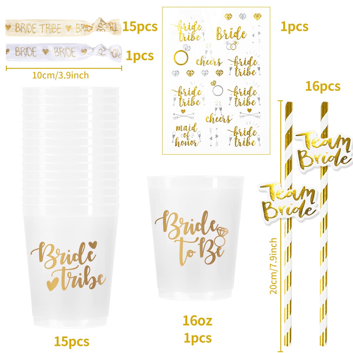 MOVINPE Bachelorette Party Accessories, Hen Party Cups Straws 16 Set, 1 Bride Hair Ties 15 Bride Tribe Hair Ties, Tattoos Bride Tribe, Bride to Be Decorations Bridal Shower Party Supplies (Golden)