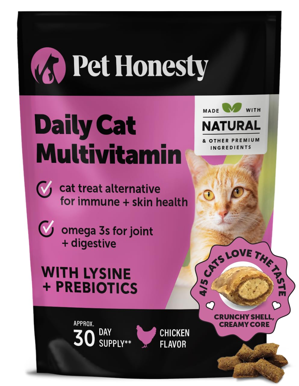 Pet Honesty Cat Multivitamin Chews - Cat Treats for Health + Immune, Cat Joint Support, Skin & Coat, and Digestion | Omega 3s, Lysine for Cats, Cat Probiotic, Cat Vitamins - Chicken (30-Day Supply)