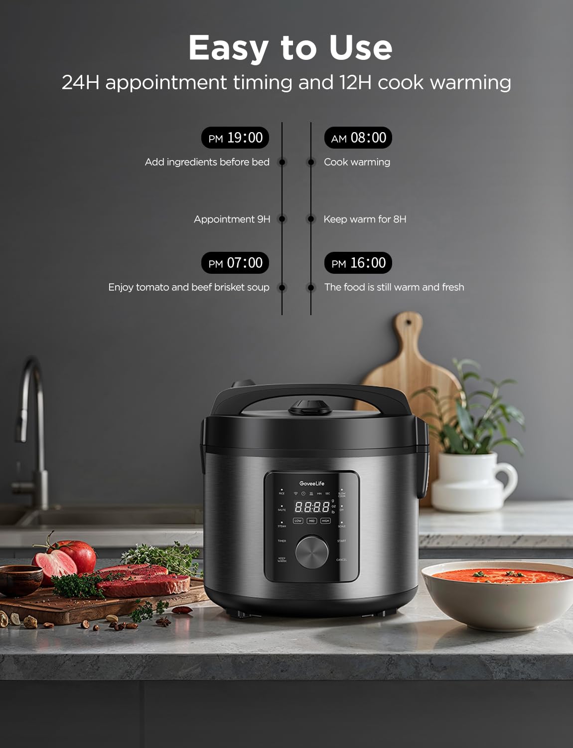 GoveeLife Smart Rice Cooker, 6-in-1 Multi-Cooker, Slow Cooker, Yogurt Maker, Saute Pan, Steamer, Food Warmer, 1000W, 10-Cup Uncooked 5.2 Quart, Includes App with 33 Recipes