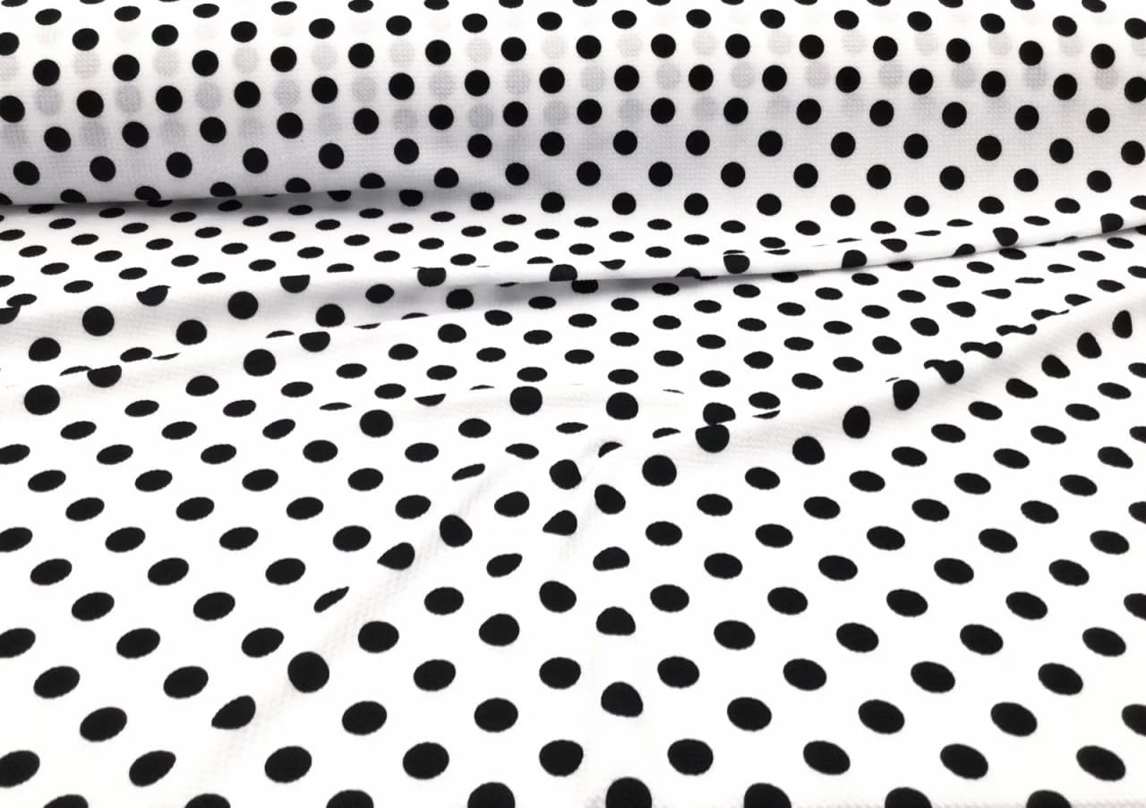 Bullet Printed Liverpool Textured Fabric 4 Way Stretch White Black Polka Dot V38