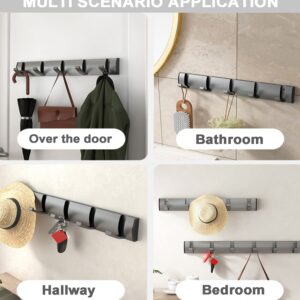 AISHEDYER Flip Wall Mounted Coat Hooks Floating Towel Rack, Aluminum Heavy Duty Wall Door Hanger with 3 Retractable Hooks to Hanging Clothes Hats Purses Keys - Grey, (MET-CH-004-GR)