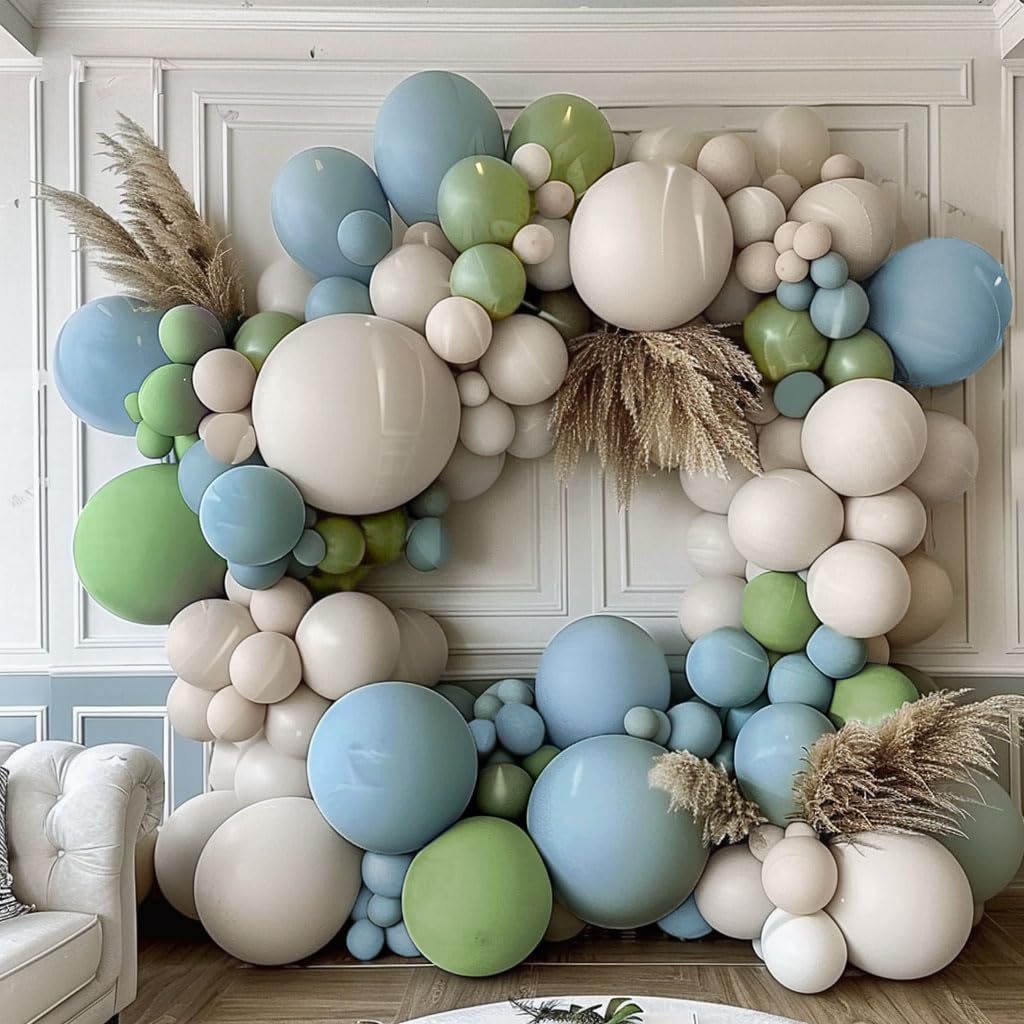 Dusty Blue Green Balloon Garland Double Stuffed Avocado Green Balloons Thick Latex White Sand Balloon Arch Kit Pastel Blue Balloons Kit For Jungle Safari Neutral Birthday Baby Shower Party Deocrations