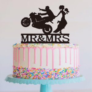 Motorcycle Wedding Cake Topper,Funny Mr & Mrs, Bride and Groom Wedding Party Decoration — Black（2）