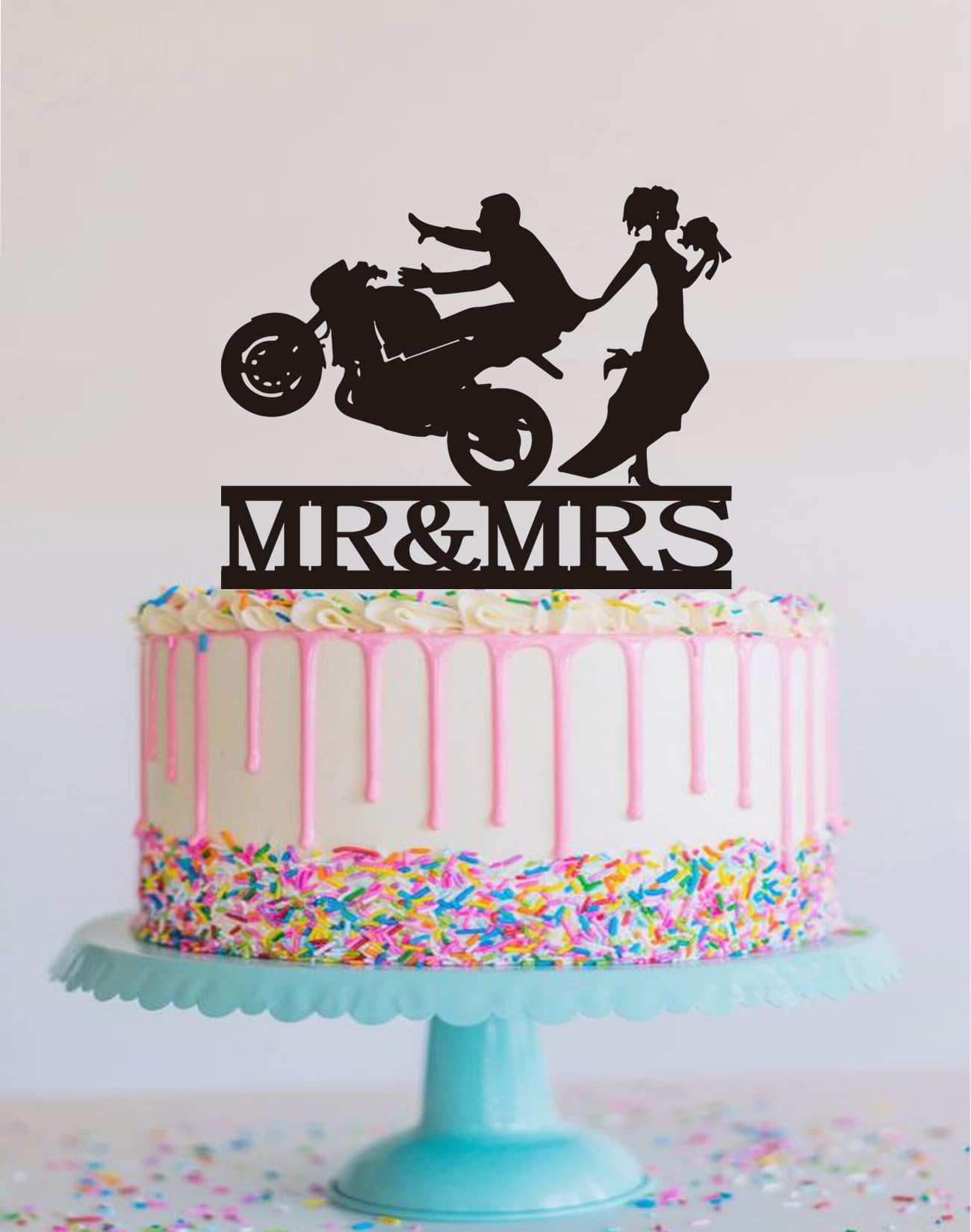 Motorcycle Wedding Cake Topper,Funny Mr & Mrs, Bride and Groom Wedding Party Decoration — Black（2）