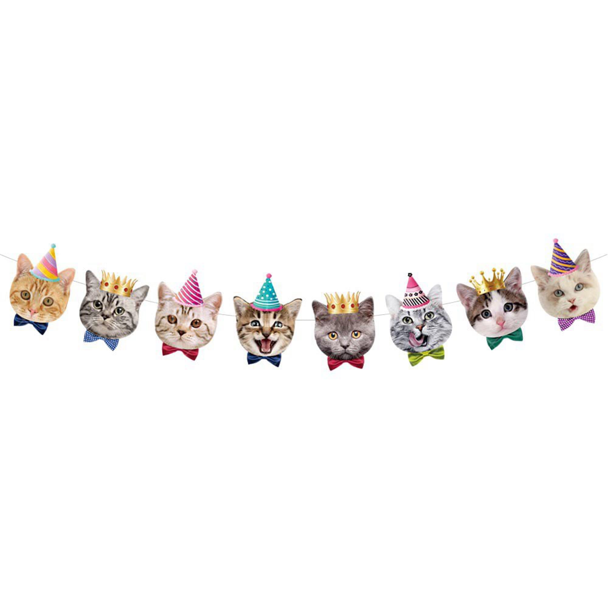 TSJ Cat Birthday Banner, Cat Face Party Banner, Kitty Cat Theme Party Bunting Decoration for Cat Adoption Birthday Party Favors