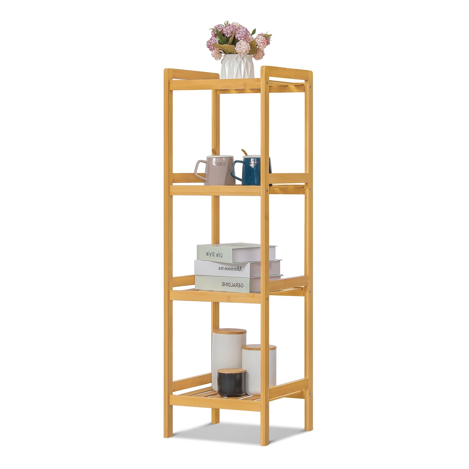 Magshion 4-Tier Bamboo Narrow Shelf, 42.9" Tower Free Standing Rack Storage Organizer Unit, Multifunctional Bookshelf Plant Stand, Utility Shelf for Laundry Pantry Kitchen Narrow Places (Natural)