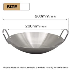 Aynaxcol Round Bottom Stainless Steel Wok, Traditional Canton Style Frying Pan Multi- Cooking Wok Dual- Handled Heavy Stainless Steel Wok (10 Inch/ 26cm)