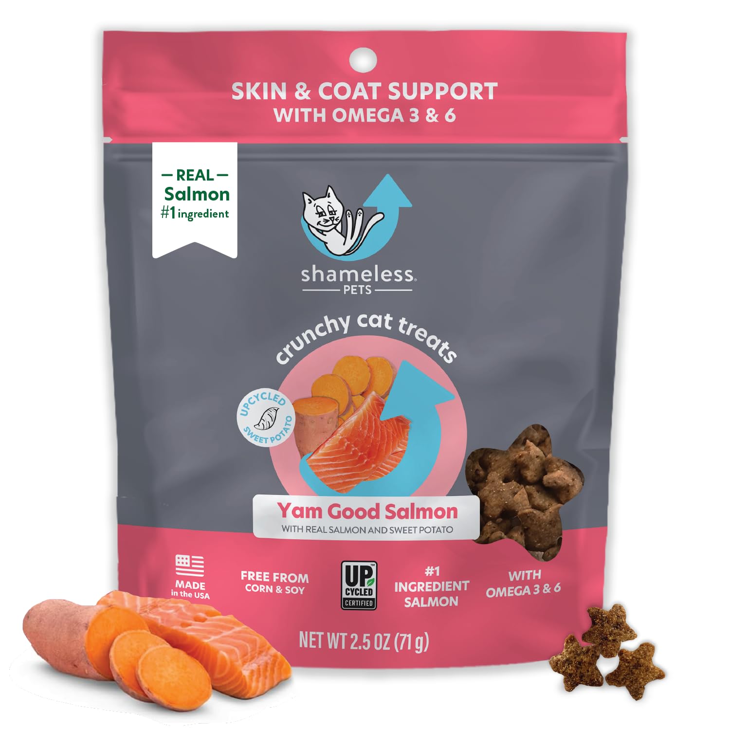 Shameless Pets Crunchy Cat Treats - Kitty Treats for Cats with Skin & Coat Support, Natural Ingredients Kitten Treats with Real Salmon, Healthy Flavored Feline Snacks - Yam Good Salmon, 1-Pk