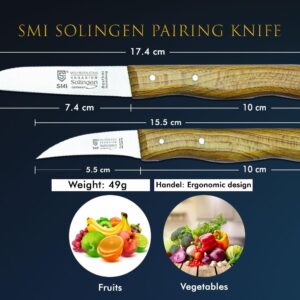 SMI Solingen Bird Beak Knife Germany Paring Knife Set Wooden Handle Peeling Knife for Fruits and Vegetables Knife Straight & Curved Stainless Steel Sharp Blade, Not Dishwasher Safe