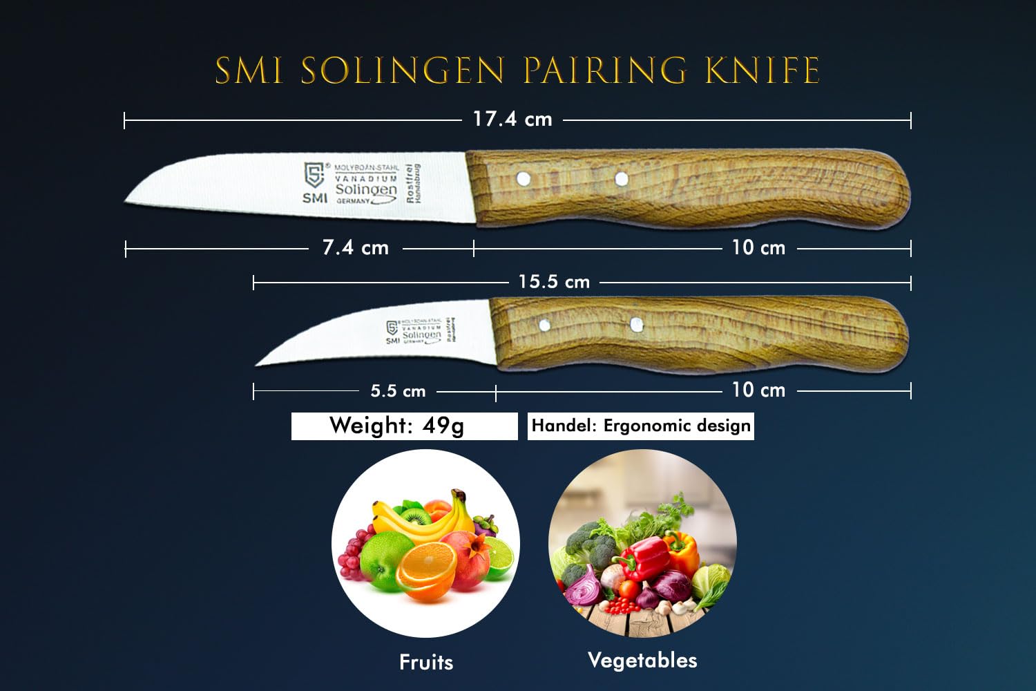 SMI Solingen Bird Beak Knife Germany Paring Knife Set Wooden Handle Peeling Knife for Fruits and Vegetables Knife Straight & Curved Stainless Steel Sharp Blade, Not Dishwasher Safe