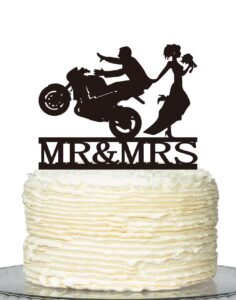 motorcycle wedding cake topper,funny mr & mrs, bride and groom wedding party decoration — black（2）