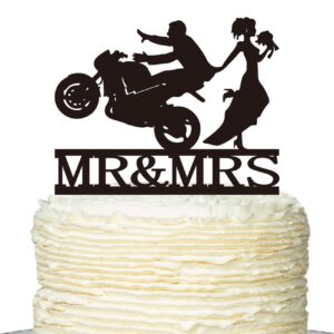 Motorcycle Wedding Cake Topper,Funny Mr & Mrs, Bride and Groom Wedding Party Decoration — Black（2）