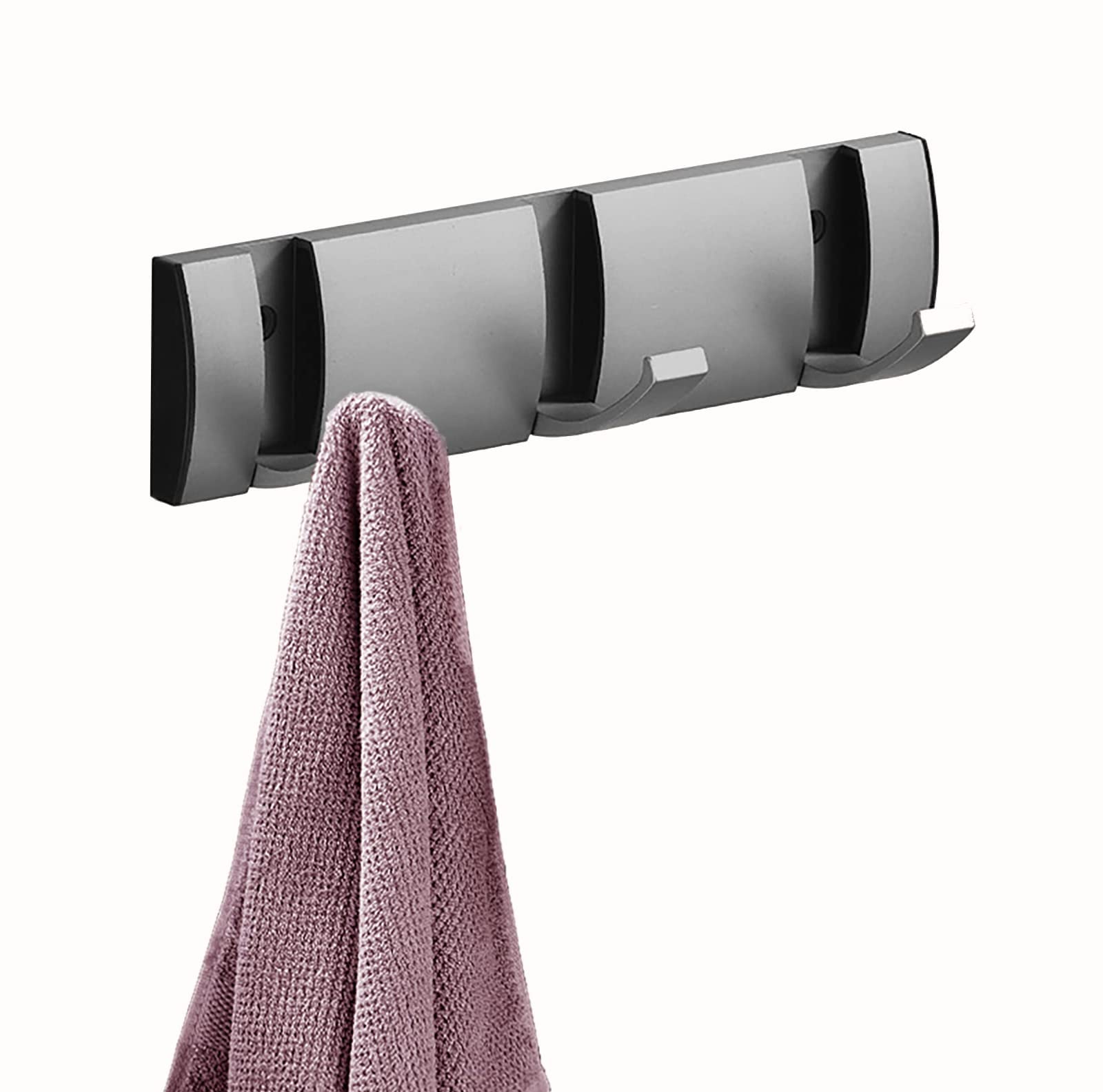 AISHEDYER Flip Wall Mounted Coat Hooks Floating Towel Rack, Aluminum Heavy Duty Wall Door Hanger with 3 Retractable Hooks to Hanging Clothes Hats Purses Keys - Grey, (MET-CH-004-GR)