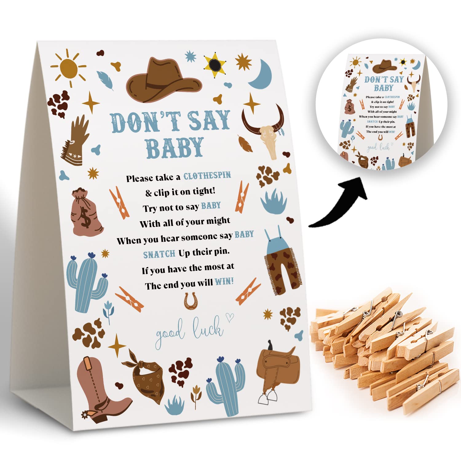 Don't Say Baby Clothespin Games,Cowboy Baby Shower Game (Pack of 1 Sign and 50 Mini Clothespins),Baby Shower Decorations,Baby Shower Game Gender Neutral,Party Favors Supplies - 23