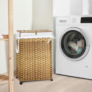 70L Slim Laundry Hamper with Lid & Wheels, Rolling Laundry Basket with 2 Removable Liner Bags & 3 Mesh Bags, Narrow Dirty Clothes Basket, Foldable Handwoven Rattan Laundry Sorter, Natural