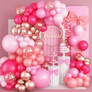 128 pcs pink balloon arch kit, rose gold hot pink balloons garland kit, confetti metallic chrome balloons different sizes bridal shower wedding princess girls birthday party gender reveal decorations