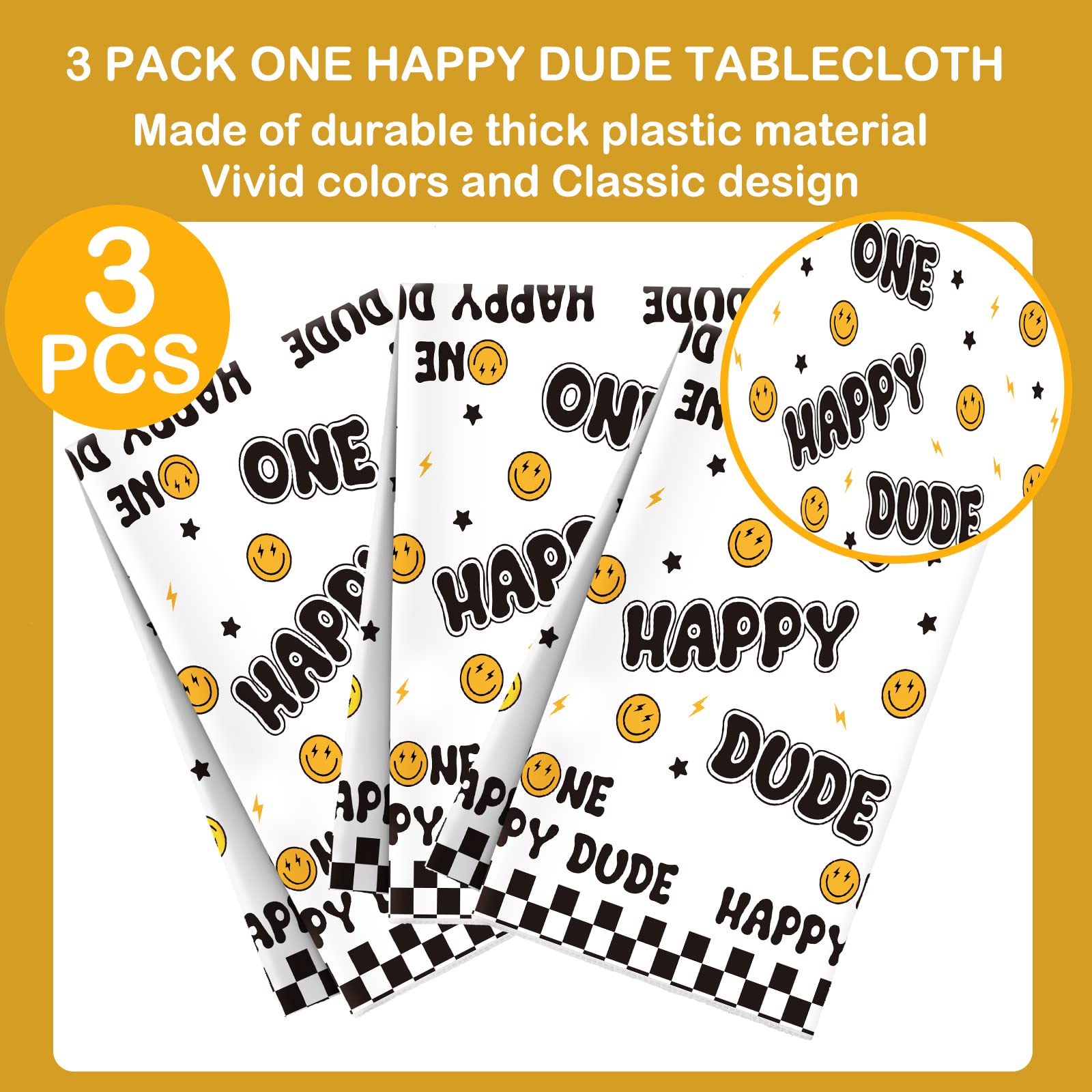 Newwiee 3 Pcs One Happy Dude Birthday Party Tablecloths 51 x 108 Inch One Happy Dude Table Cover Smile Face Plastic Table Cloths One Happy Dude Party Decor 1st Birthday Baby Shower Supplies